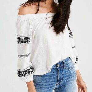 American Eagle Off-Shoulder Cotton Embroidered Long Sleeve Shirt